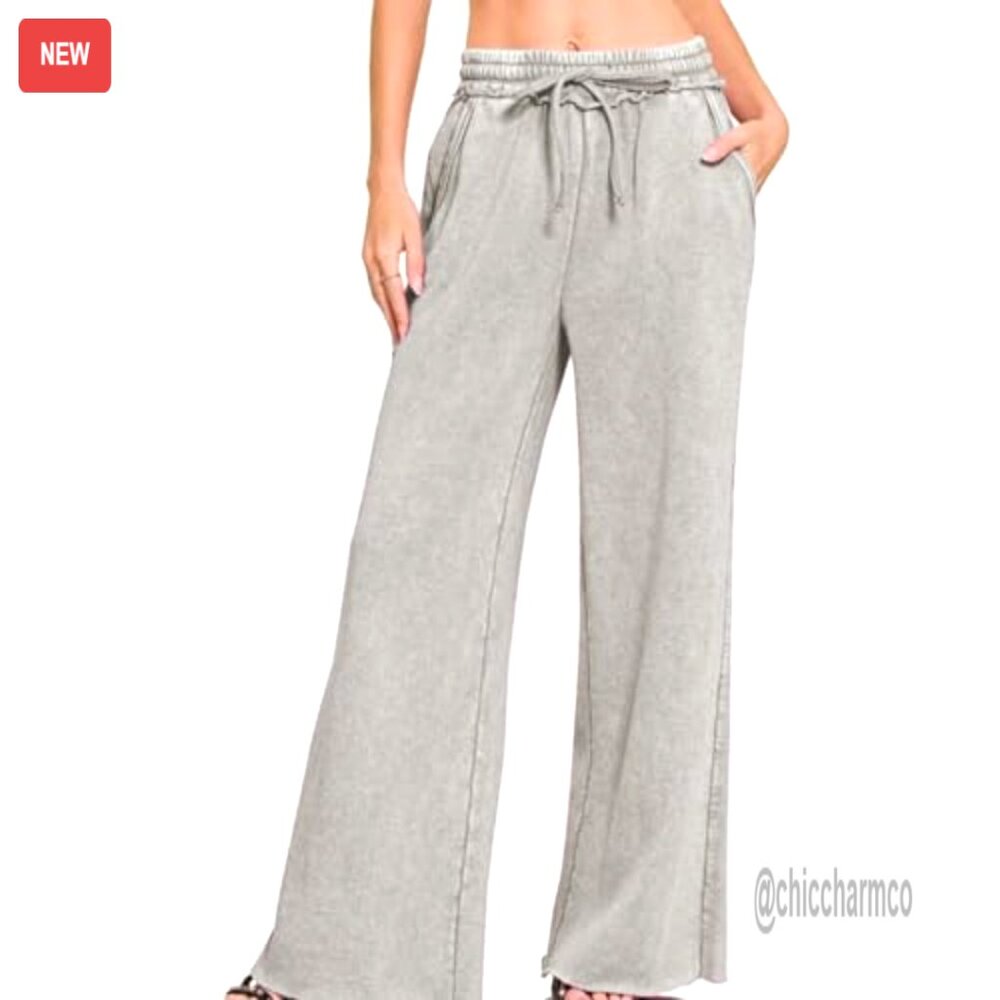 High Waist Wide Leg Sweatpants Drawstring Palazzo Fleece Casual Pockets - Picture 3 of 7